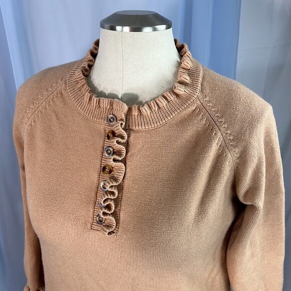 Soft tan ruffle neckline and cuffs tight knit pullover sweater neutral L - Picture 2 of 10